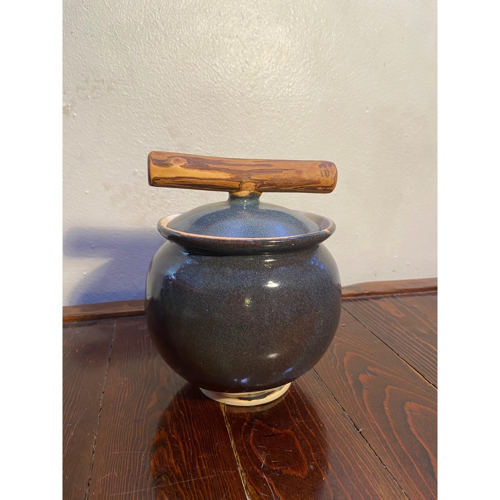 Artisan Studio Pottery Lidded Jar Dark Blue Glaze Wood Branch Handle Honey Pot